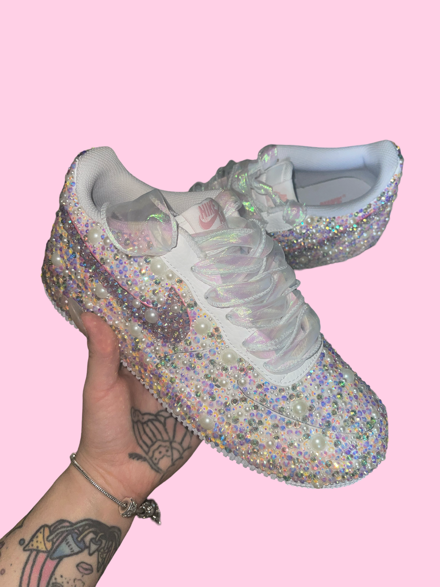 Custom Pink and Pearl Rhinestoned Nike Air Force 1